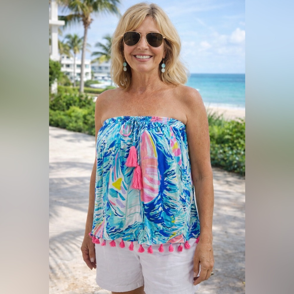 Lilly Pulitzer Palma Neon Blue Pink Sailboat Tassel Tropical Tube Top Sz S Beach